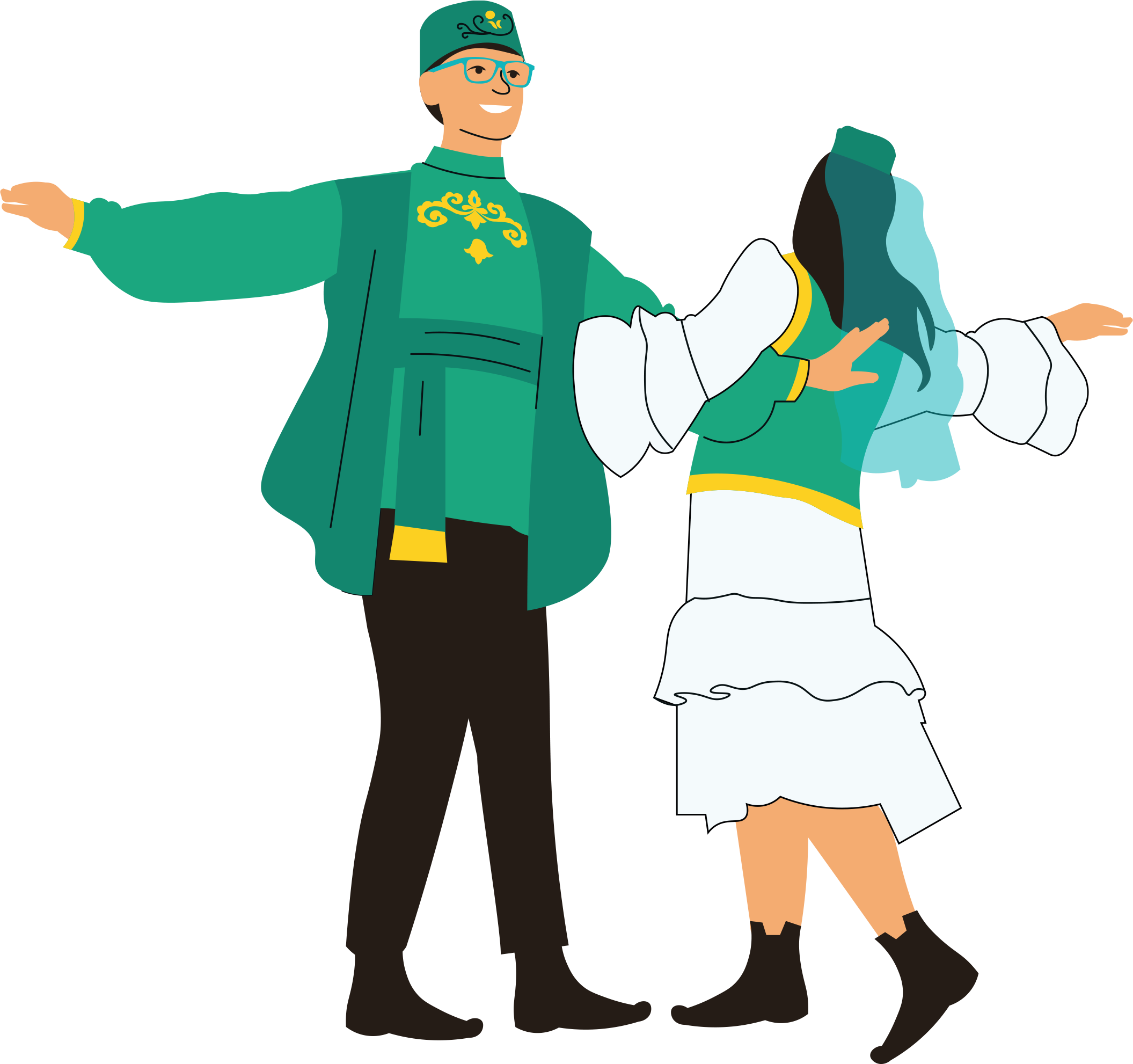 Illustrated dancers in teal traditional clothing